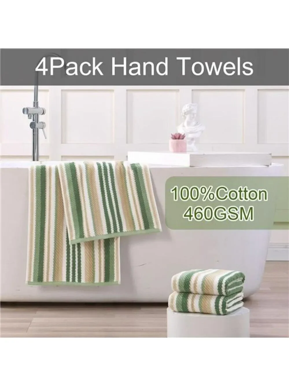 Luxury Green Hand Towels Set of 4 Soft Absorbent Cotton Striped Bathroom Towels
